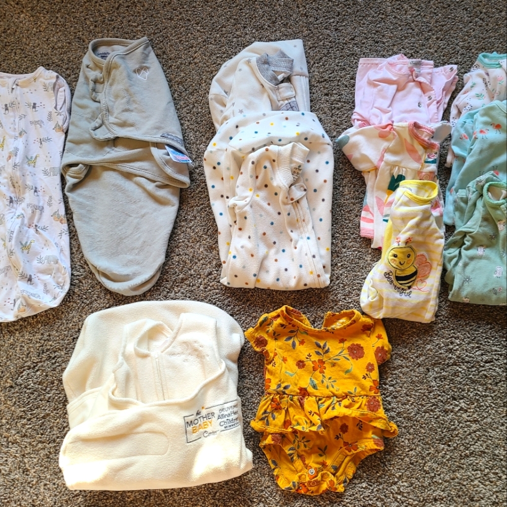 Lot of 0-3mos baby sleepers/sacks/swaddles